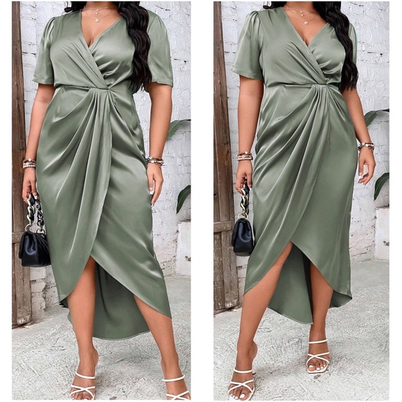 Luxe Satin Surplice Short Sleeve Evening Party Dress - Picture 6 of 9